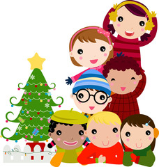 group of children and christmas tree