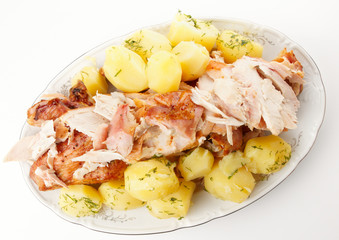 Boiled potatos and sliced turkey
