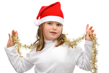 Small girl in Santa's hat with golden chains isolated on white