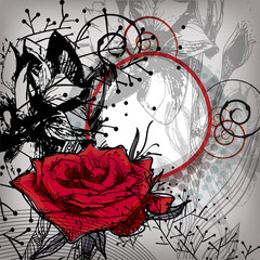 vector frame with  a single red rose and black plants - 27299998