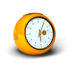 orange vintage alarm clock over a white background