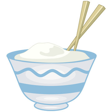 Illustration of boiled long grain rice in a blue bowl