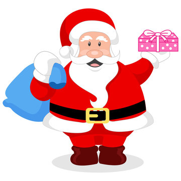 Vector illustration of a cute santa claus with gift box and bag