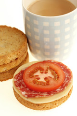 Crispbread with Cheese Tomato and Saucisson Sec