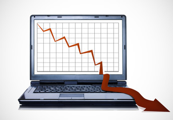 Obraz premium Economic Crisis shown with a red arrow graph on a laptop