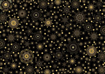 Many gold stars and snowflakes on a black background