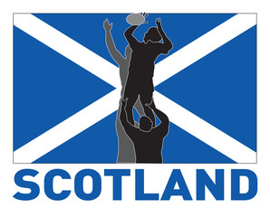 Rugby player lineout throw with ball Scotland flag