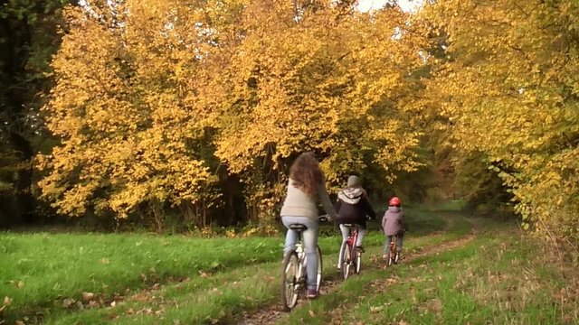 Trois enfants faisant du vélo en automne