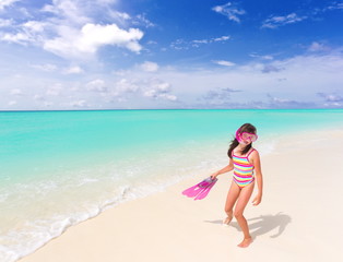 Fototapeta na wymiar Girl with flippers on beach