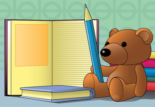 toy bear-cub with pencil & books