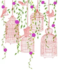 Cercles muraux Oiseaux en cages Roseraie avec cages à oiseaux (ouvertes)