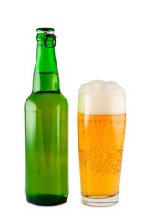 Beer, bottle, glass, isolated white background clipping path.