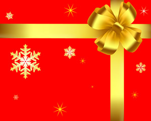 Golden bow with tapes and snowflakes