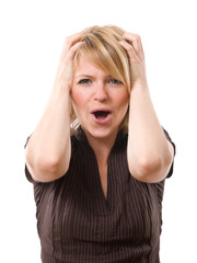 scared woman screaming with hands on the head isolated