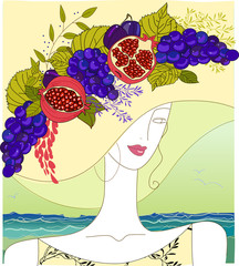 Hand-drawn portrait of a beauty with an opulent fruit hat