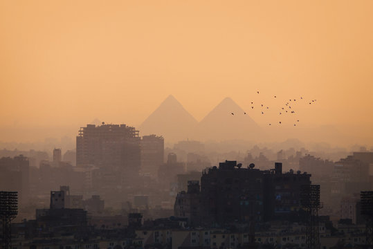 Cairo city skyline and Pyramids