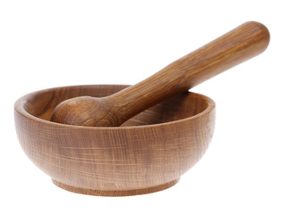 Wooden mortar on the white