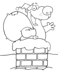 Outlined Happy Santa Bear Waving A Greeting In Chimney