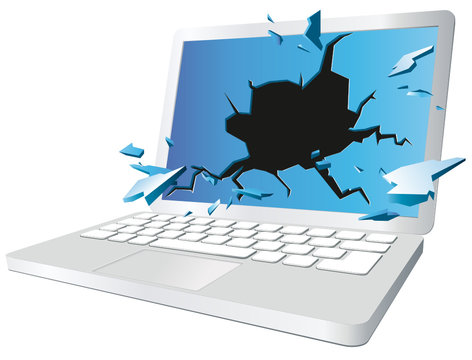 Notebook mit Loch im Bildschirm und Splittern