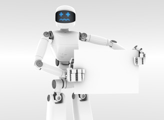 Worried robot holding a white sign board