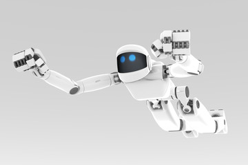 White futuristic robot flying like a super hero