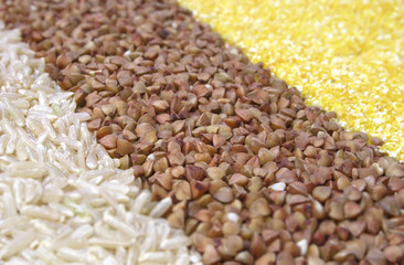 Brown Rice, Buckwheat, And Corn Grits As Background