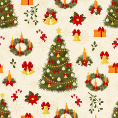 Seamless pattern with decorated trees and gifts