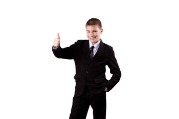 boy gives thumbs up, isolated on white