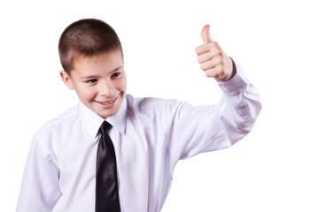 boy gives thumbs up, isolated on white