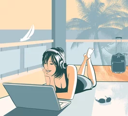 Poster jonge vrouw op vakantie die vrienden belt via internet © Isaxar