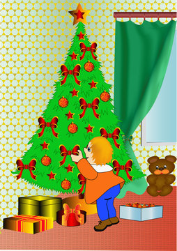 child decorates fir tree