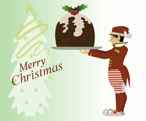 Santa's elf holding a Christmas pudding.