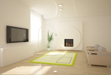 white interior composition with fire