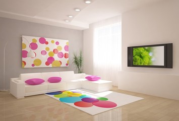 bright room with colored furniture