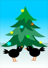 Christmas tree, twobirds, cute vector illustration