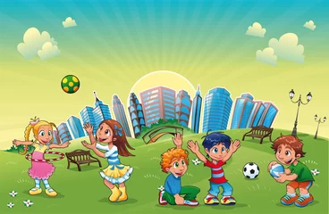 Foto op Plexiglas Boys and girls are playing in the park. Vector scene. © ddraw