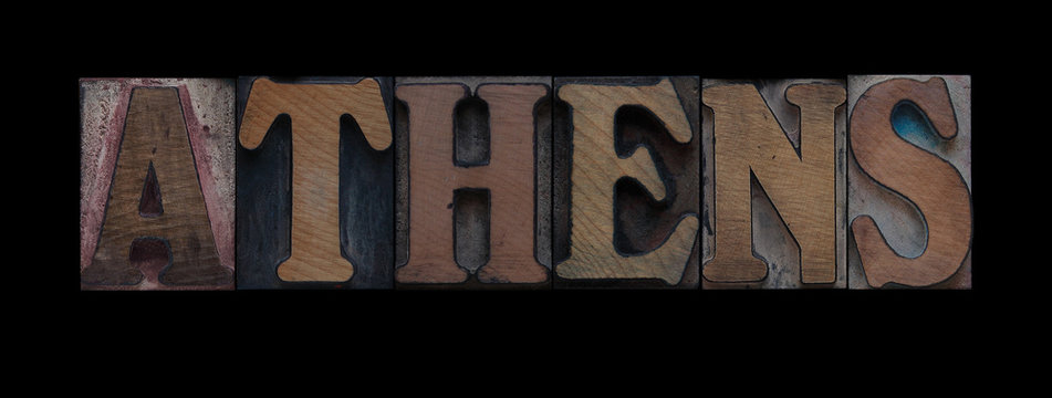 the word Athens in old letterpress wood type
