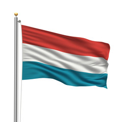Fototapeta na wymiar Flag of Luxembourg waving in the wind in front of white
