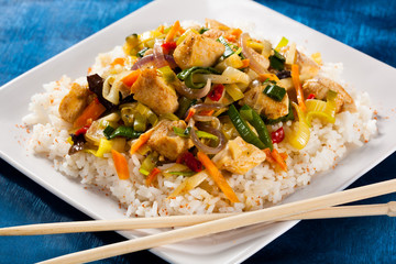 Asian food - chicken with vegetables and rice