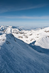 Fototapeta na wymiar Ski slope in Chamonix. Skiing area in French Alps