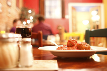 Spaghetti and meatballs at a restaurant