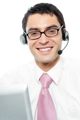 Support phone operator in headset at workplace, isolated