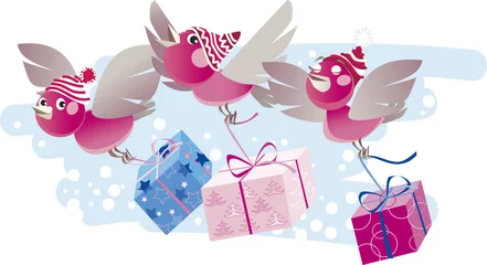 Stickers pour porte Oiseaux, abeilles Les oiseaux de Noël apportent des cadeaux