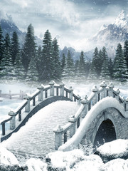Sceneria zimowa z mostem - obrazy, fototapety, plakaty