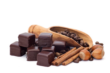chocolate, cinnamon, hazelnuts, coffee beans