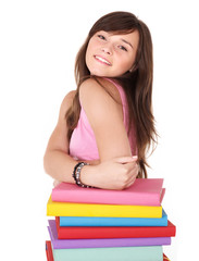 Girl with stack colored book. Isolated.