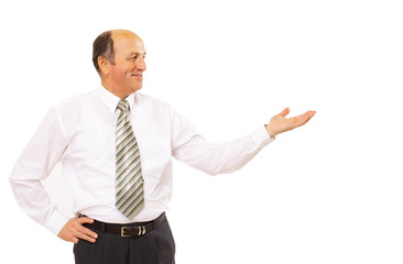 Business man handing a blank business card over white background