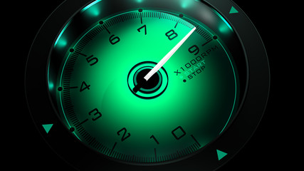Tachometer green isolated on black 3D render