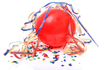 party balloon and streamers over white background