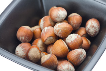 hazelnuts in a bowl isolated on white